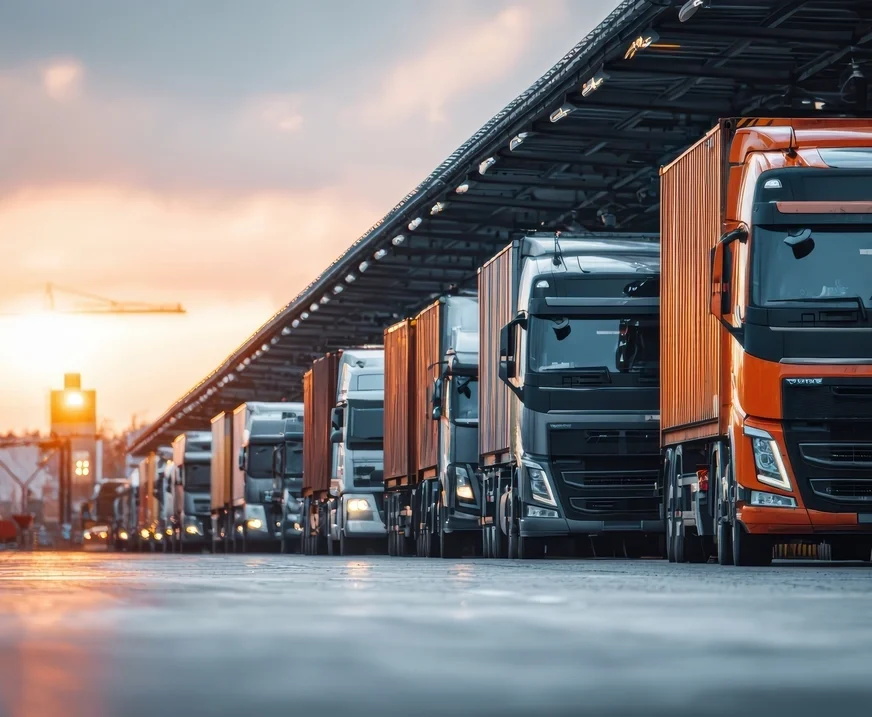 commercial-trucks-lined-up-logistics-hub-sunset